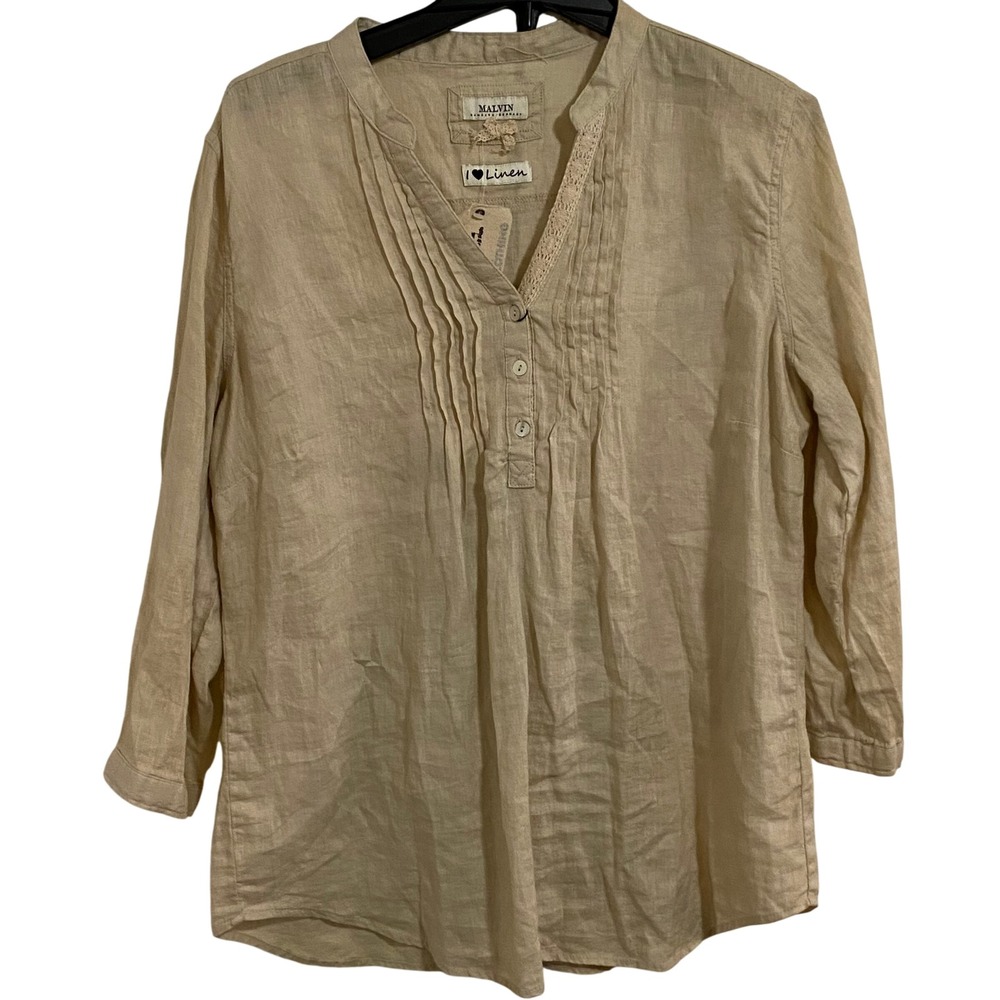 Malvin Linen Lagenlook Blouse Womens XL Beige Pintuck Lace Henley 3/4 Sleeve - Picture 6 of 7